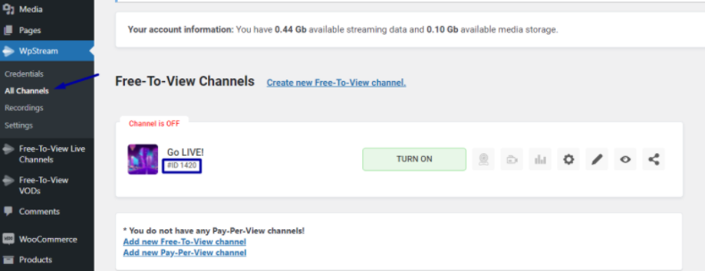 Channel ID for WpStream Player shortcode
