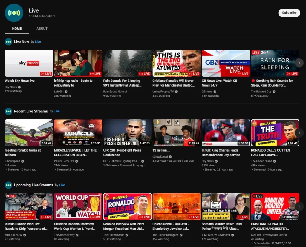 Some of YouTube’s Live streaming videos shown in a feed