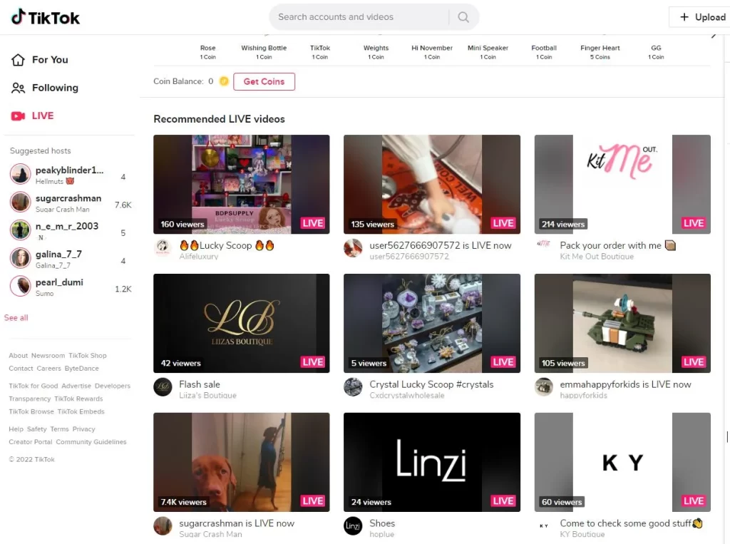 TikTok’s homepage showing some of the most popular live video streams