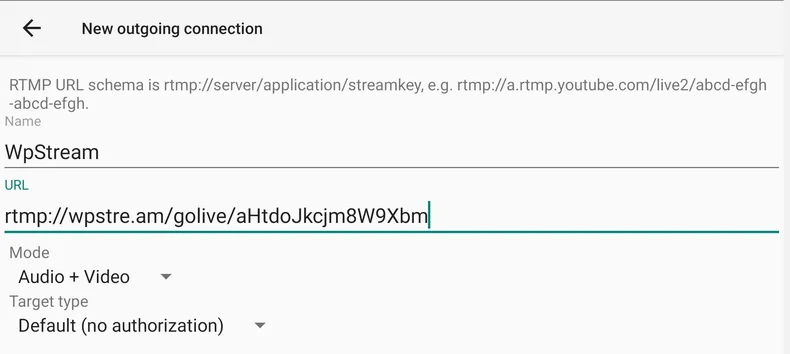 Add a new connection in Larix Broadcaster to connect to WpStream