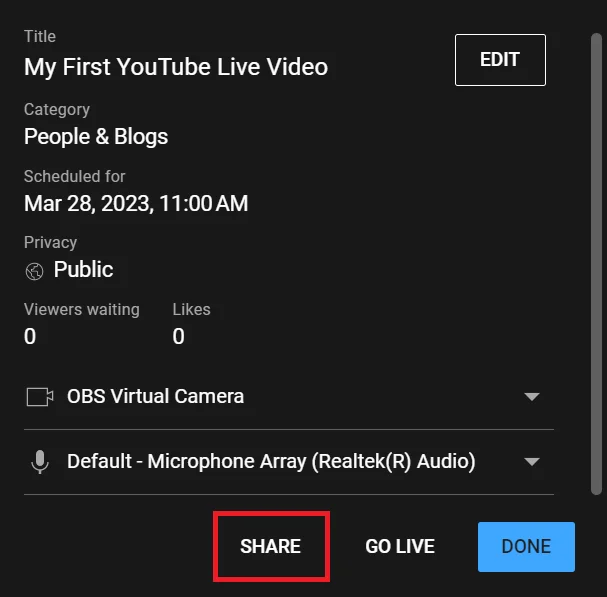 Share your YouTube Live video.