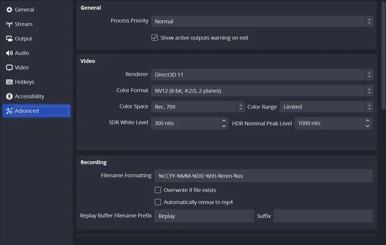 OBS advanced settings page