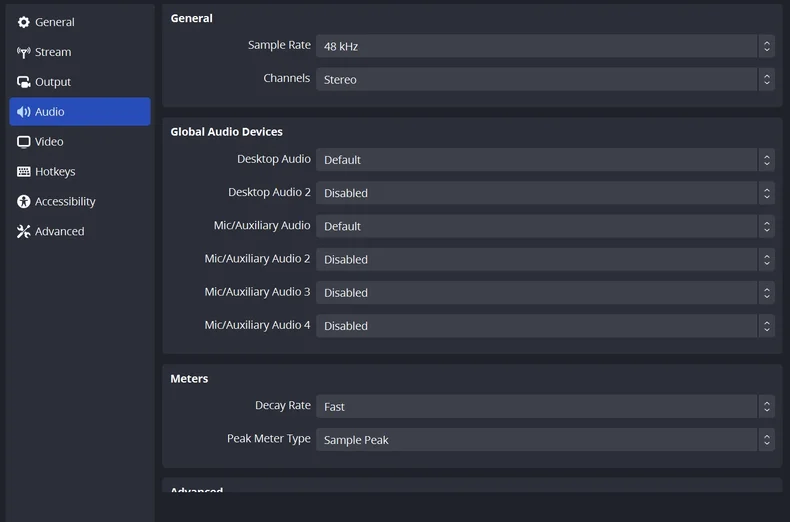 OBS audio settings page