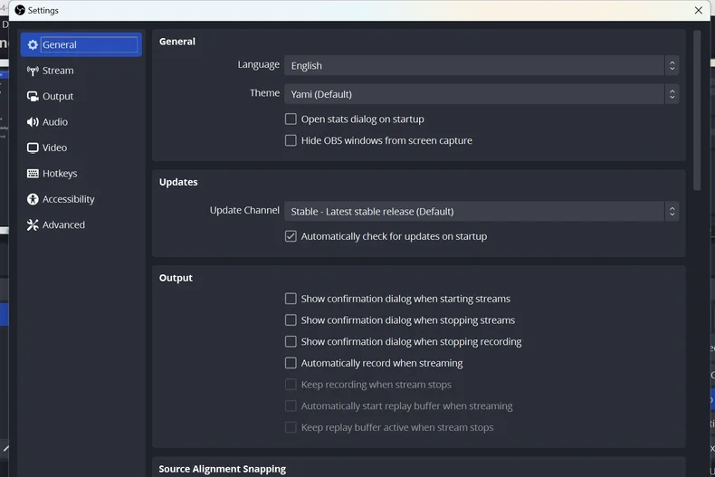 OBS general settings page