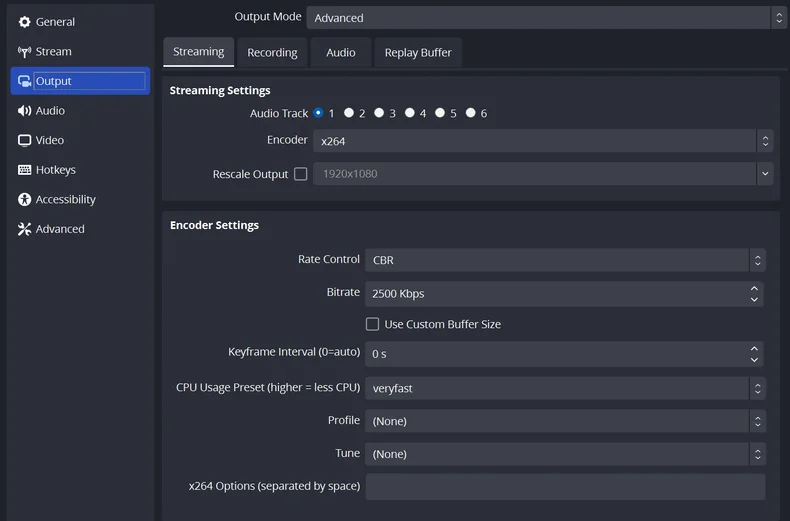 OBS output settings page