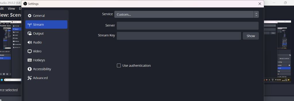 Add stream key and server details to your OBS Studio streaming settings page