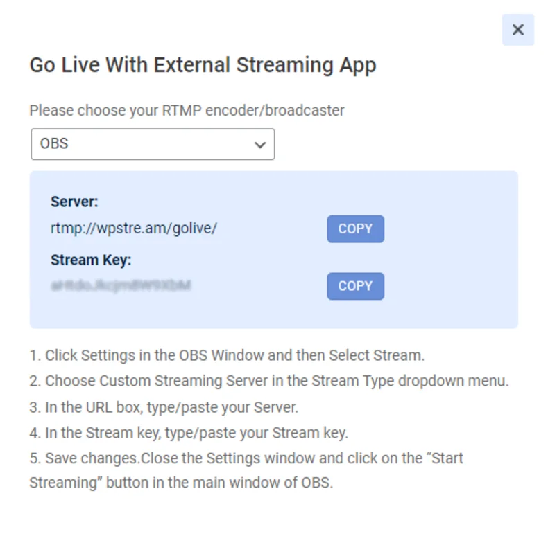 Copy the server and stream key for your live channel.