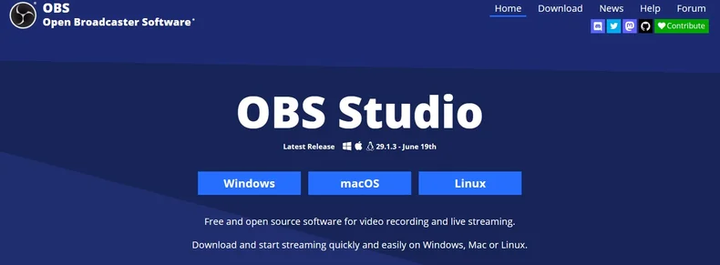 Screenshot of the OBS Studio homescreen