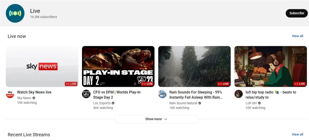 Screenshot of the streaming platform YouTube Live. 